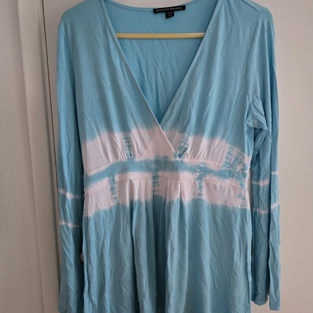 Boston Proper Sky Blue and White Long Sleeve Top